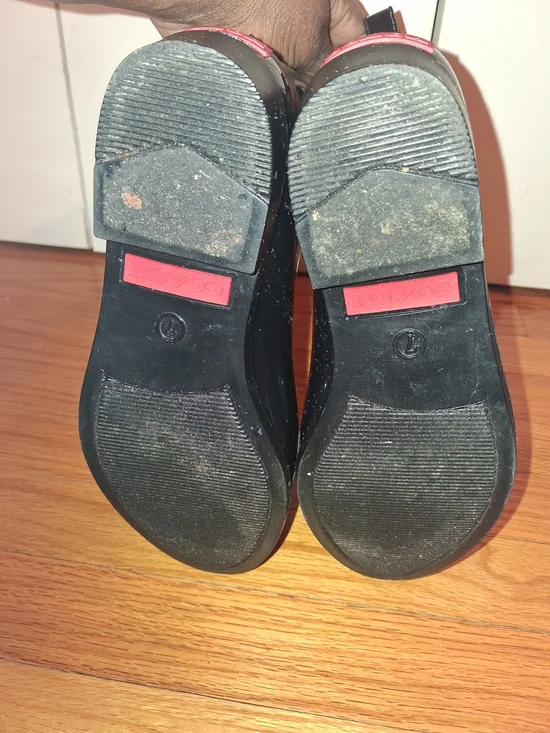 Coach Glossy Black Rain Ankle Boots with Gray Knit Cuff and Pink Tab - Picture 8 of 8